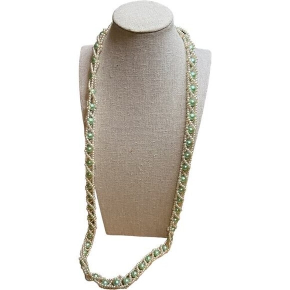Handmade Multilayer Green & White Beaded Necklace For Women
